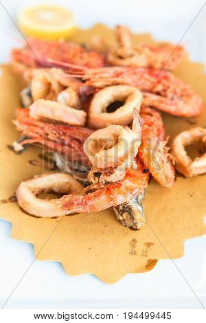 Plate With Fried Local Fishes And Seafood