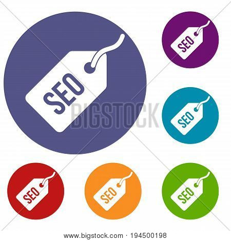 Seo tag icons set in flat circle reb, blue and green color for web