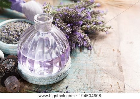 Nature cosmetics handmade preparation of essential oils perfume creams soaps from fresh and dried lavender flowers French artisanal boutique home style