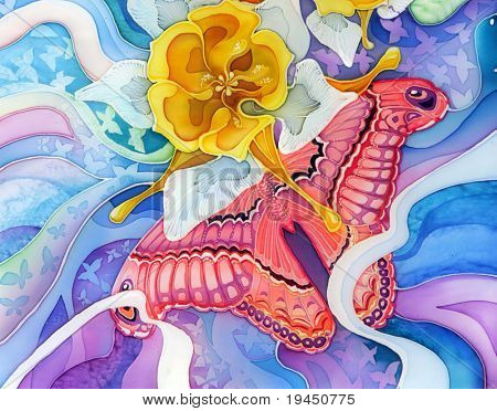  바 틱 butterflie와 꽃 그림