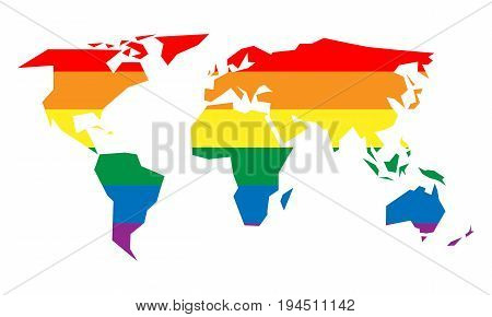 LGBT rainbow pride flag in a shape of World map. Lesbian, gay, bisexual, and transgender stylish design element. Simple flat vector illustration.