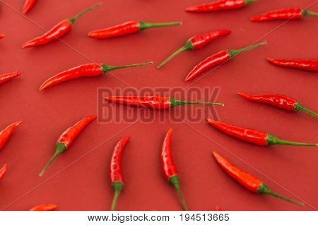 red hot chili peppers, popular spices concept - closeup on beautiful red hot chili peppers isolated on red background, green tails, collage of freely lying peppers, top view, flat lay