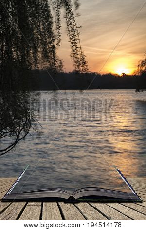 Beautiful Vibrant Spring Sunrise Over Calm Lake In English Countryside Concept Coming Out Of Pages I