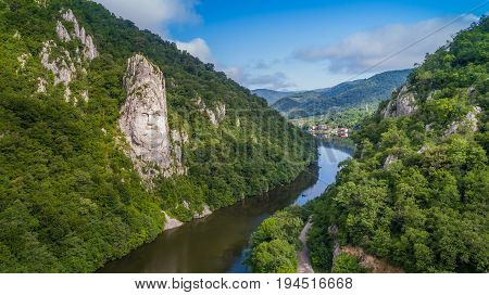 Decebal Head sculpted in rock. Danube Gorges (Cazanele Dunarii) Romania.