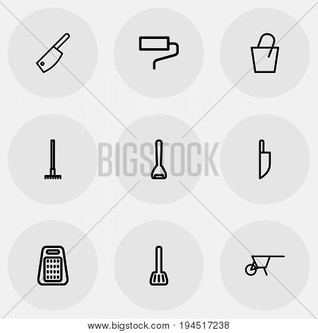 Set Of 9 Editable Apparatus Icons. Includes Symbols Such As Cuisine Utensil, Butcher Knife, Grater And More. Can Be Used For Web, Mobile, UI And Infographic Design.