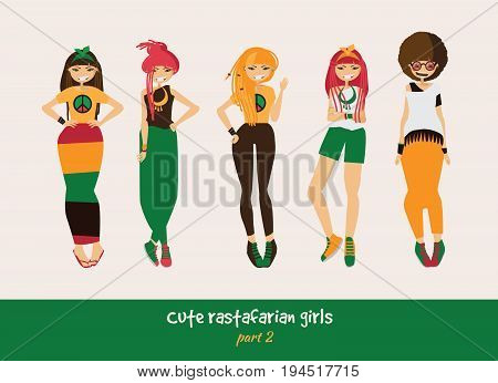 Vector set with isolated rasta girls. Rastafarian clothes in bright colors ethnic accessories various hairstyle and posing. Smiling characters with dreadlocks