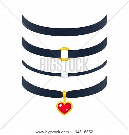 Set of realistic choker necklaces vector illustration. Fashion jewelry with pearl and gold heart pendant.