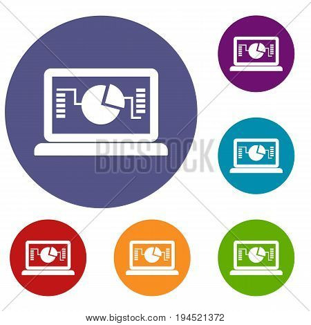 Laptop with business graph icons set in flat circle reb, blue and green color for web
