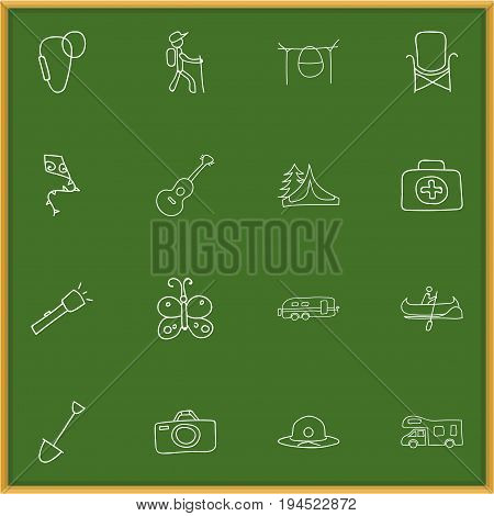 Set Of 16 Editable Camping Icons. Includes Symbols Such As Beauty Insect, Medical Kit, Camp House And More. Can Be Used For Web, Mobile, UI And Infographic Design.