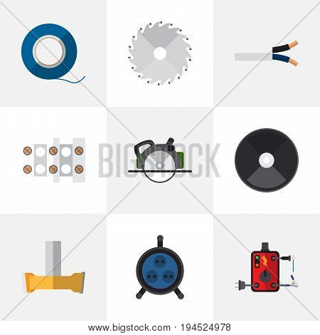 Set Of 9 Editable Instruments Icons. Includes Symbols Such As Adhesive, Cable, Buzzsaw And More. Can Be Used For Web, Mobile, UI And Infographic Design.