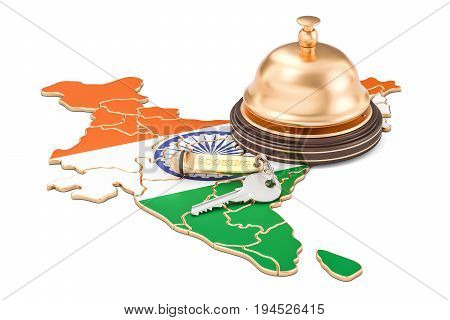 India booking concept. Indian flag with hotel key and reception bell 3D rendering