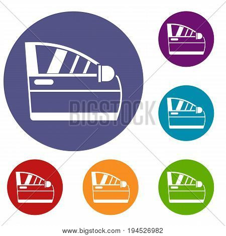 Car door icons set in flat circle reb, blue and green color for web