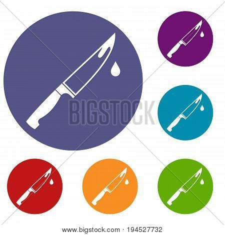 Steel knife icons set in flat circle reb, blue and green color for web