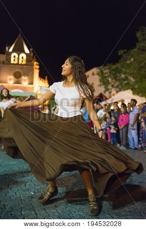 Elvas Portugal - jun 30 2017; Medieval dancers participate in the medieval festival of Elvas Portugal