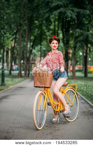 Pinup girl on retro bicycle with backet of flowers