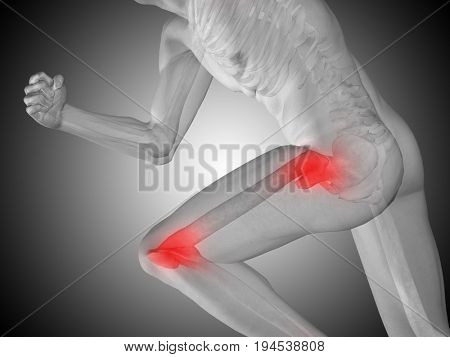 Conceptual 3D illustration human man anatomy or health design, joint or articular pain, ache or injury on gray gradient background