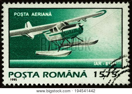 Moscow Russia - July 07 2017: A stamp printed in Romania shows old seaplane IAR series 