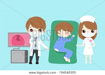 cartoon doctor with intestine health concept on green background