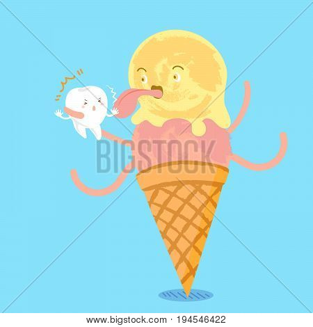cute cartoon tooth with sensitive problem on the blue background