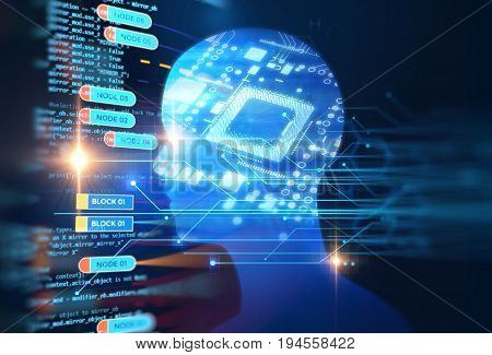 double exposure image of low polygon human head 3d illustration on blue circuit board background represent artificial intelligence AI technology
