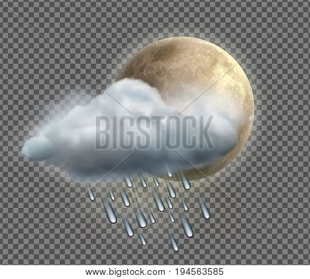 Vector illustration of cool single weather icon with night moon raincloud and raindrops on transparent background