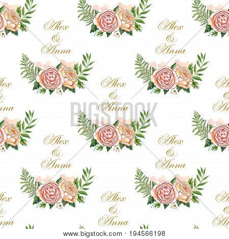 Vintage wedding pattern with rustic elements. Hand drawn boho chic style design elements, watercolor, roses, flowers isolated on white background