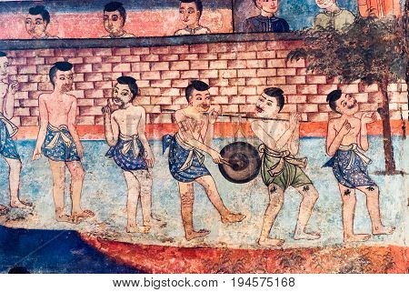CHIANG MAI, THAILAND - NOV 25: Mural painting at Wat Phra Singh represent the Lanna culture and depict Thai folktale Sangthong on Nov 25 2012 Chiang Mai Thailand