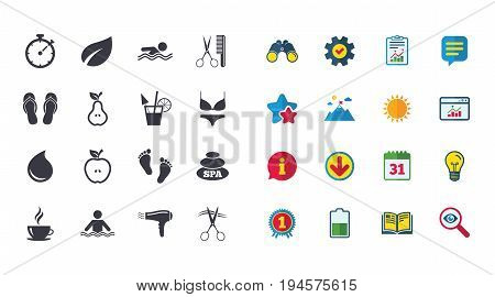 Set of Swimming pool, Spa and Hairdressing icons. Coffee, Cocktail and Apple signs. Water drop, Scissors and Hairdryer symbols. Calendar, Report and Browser window signs. Vector
