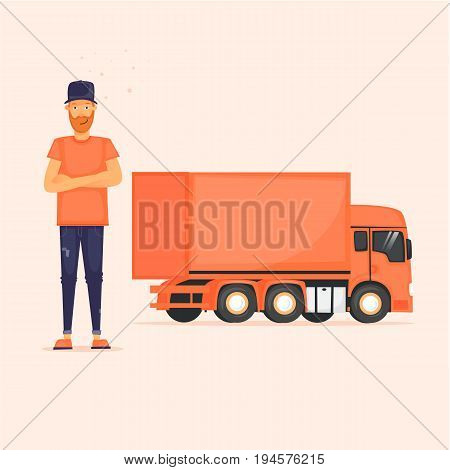 Truck driver with his lorry. Flat design vector illustration.
