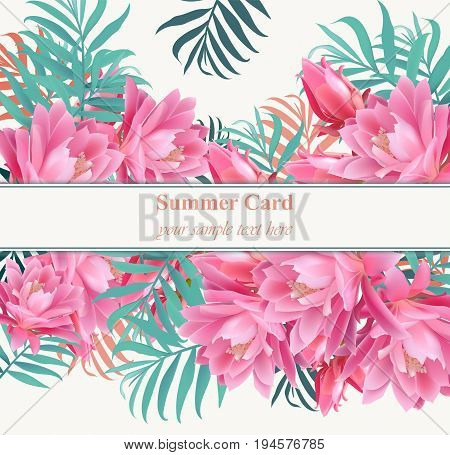 Tropical vector floral card or banner. Summerl template design with palm leaves and exotic flower