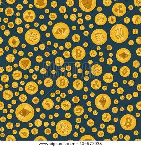 Seamless pattern different cryptocurrency flat icon on a dark background
