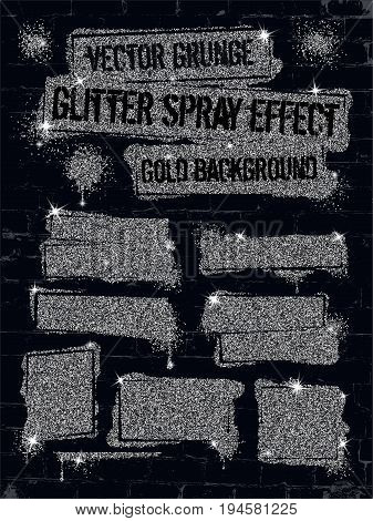 Various glitter spray paint graffiti on brick wall. Frame with silver sparkles confetti or like glitter gel paint. Shine spray grunge background.