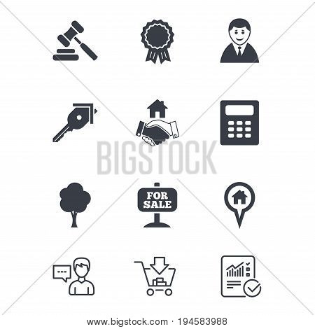 Real estate, auction icons. Handshake, for sale and calculator signs. Key, tree and award medal symbols. Customer service, Shopping cart and Report line signs. Online shopping and Statistics. Vector