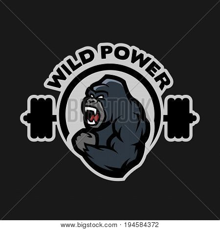 Angry gorilla. Sports gym logo on a dark background.