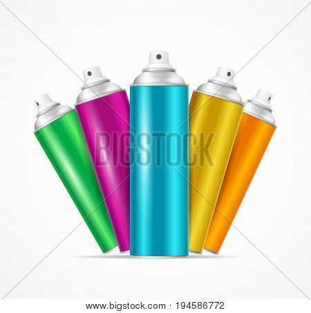 Realistic Aluminium Colorful Spray Can Set for Urban Street Wall Graffiti or Cosmetic Aerosol Product. Vector illustration