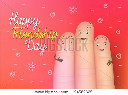 Happy friendship day poster. Realistic finger people card. Celebration card showing affection and bond between real friends. Flat style vector illustration on red background