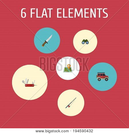 Flat Icons Suv, Location, Hunting Cutter And Other Vector Elements. Set Of Encampment Flat Icons Symbols Also Includes Knife, Zoom, Location Objects.