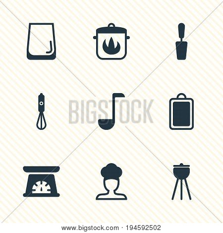 Vector Illustration Of 9 Restaurant Icons. Editable Pack Of Measuring Tool, Handmixer, Soup Spoon Elements.