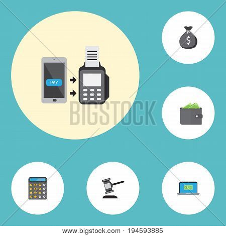 Flat Icons Finance Sack, Computer, Verdict And Other Vector Elements. Set Of Finance Flat Icons Symbols Also Includes Cash, Sack, Payment Objects.