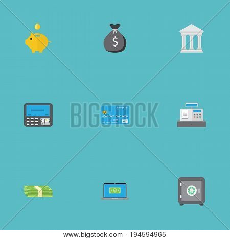 Flat Icons Computer, Bank, Finance Sack And Other Vector Elements. Set Of Banking Flat Icons Symbols Also Includes Strongbox, Salary, Sack Objects.