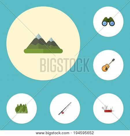 Flat Icons Zoom, Hill, Music And Other Vector Elements. Set Of Camp Flat Icons Symbols Also Includes Forest, Music, Fish Objects.