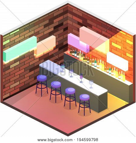 Isometric Flat 3D Isolated Concept Vector Cutaway Bar In The Nightclub.