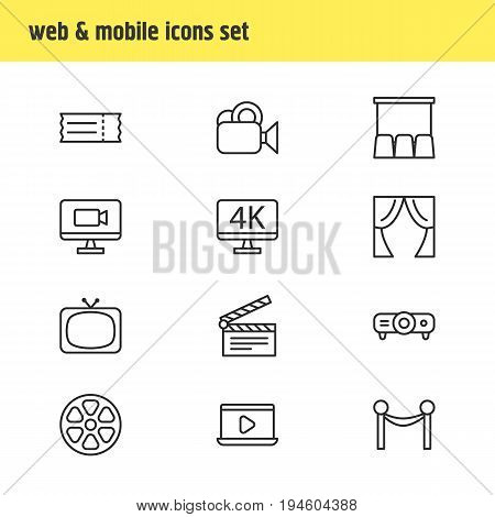 Vector Illustration Of 12 Cinema Icons. Editable Pack Of Tv, Clapper, Coupon And Other Elements.