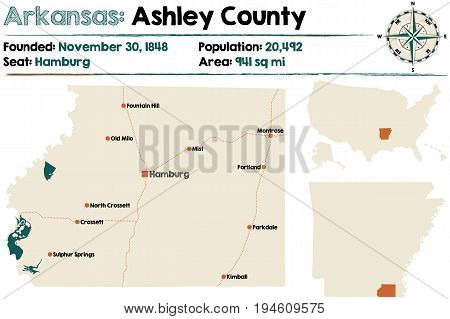 Large and detailed map of Ashley county in Arkansas