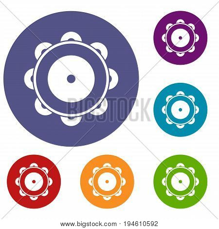 Tambourine icons set in flat circle reb, blue and green color for web