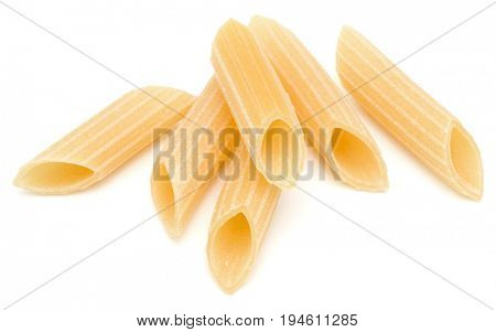 Italian pasta isolated on white background. Pennoni. Penne rigate.