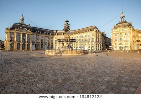 View on the famous La Bourse square with fountain during the morning in Bordeaux city, France