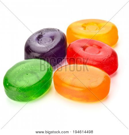 colorful fruit hard sugar candies,  boiled sweeties or sugar plums isolated on white background cutout