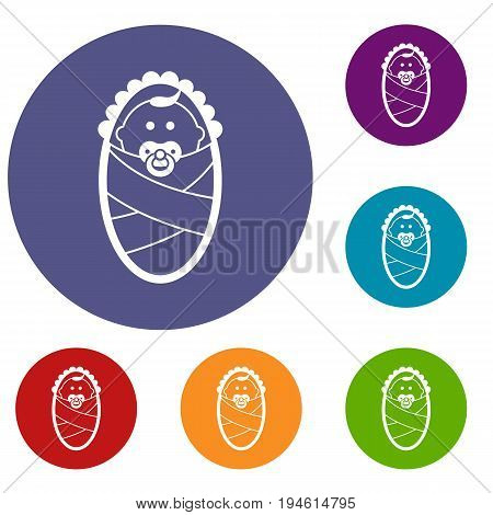 Newborn icons set in flat circle reb, blue and green color for web