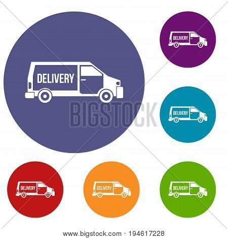 Delivery truck icons set in flat circle reb, blue and green color for web